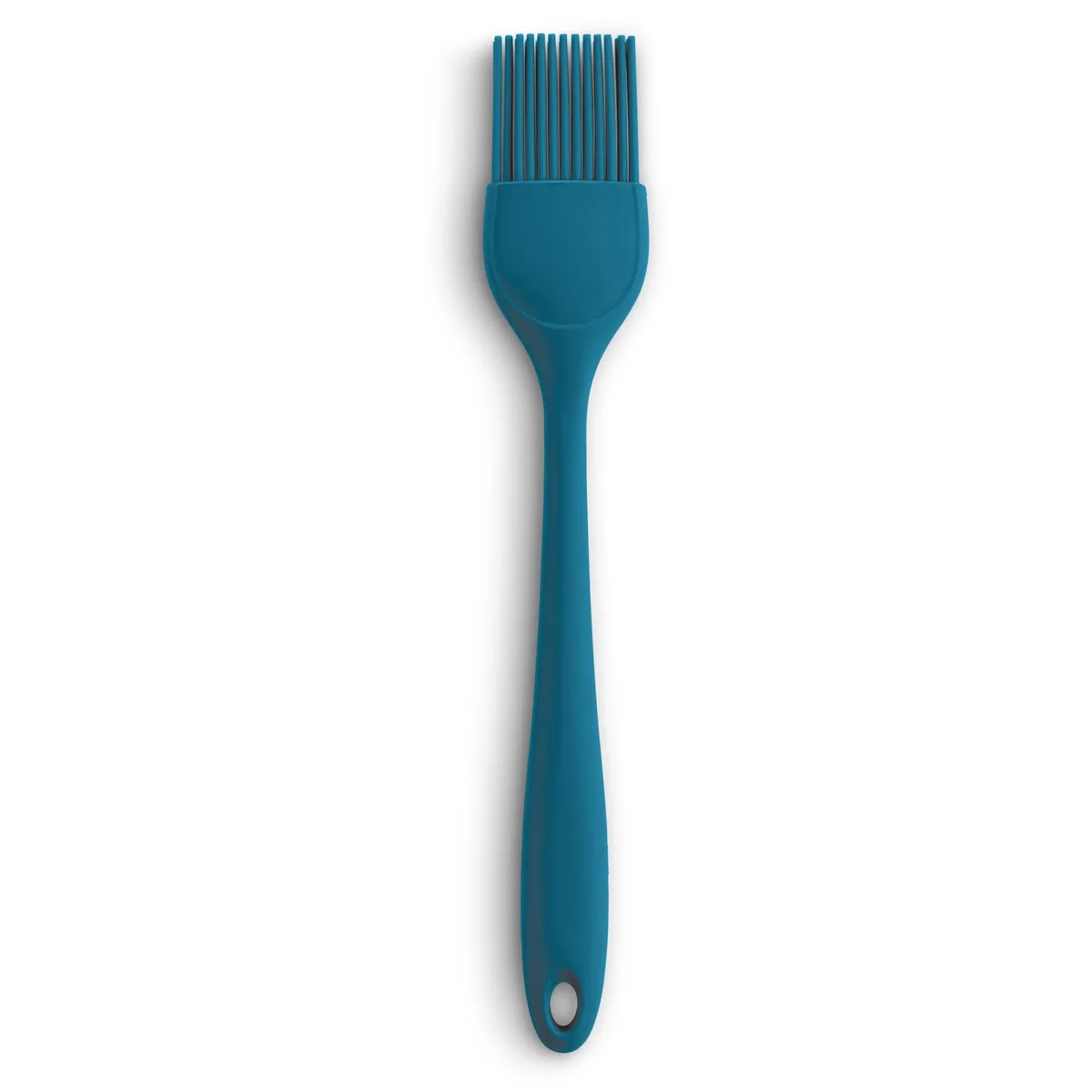 Turquoise silicone basting brush, 10.75 inches long, shed-proof bristles, heat-safe to 500°F