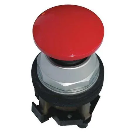 Red 30 mm mushroom push button with metal head and anodised aluminium bezel