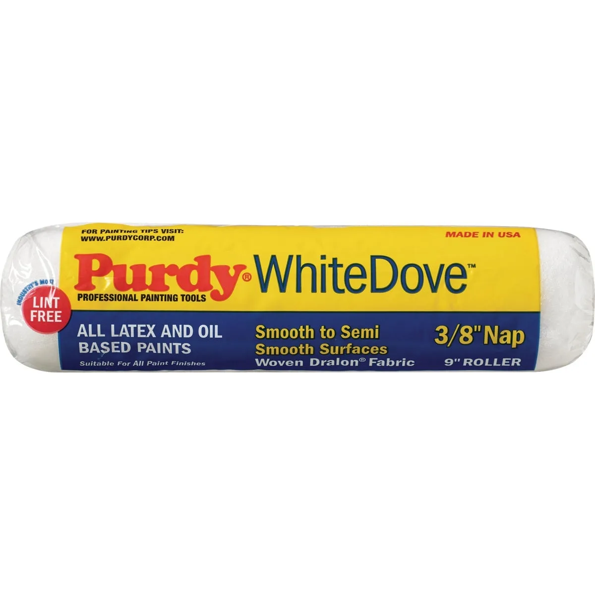 White cylindrical 9 inch roller cover with 3/8 inch nap texture