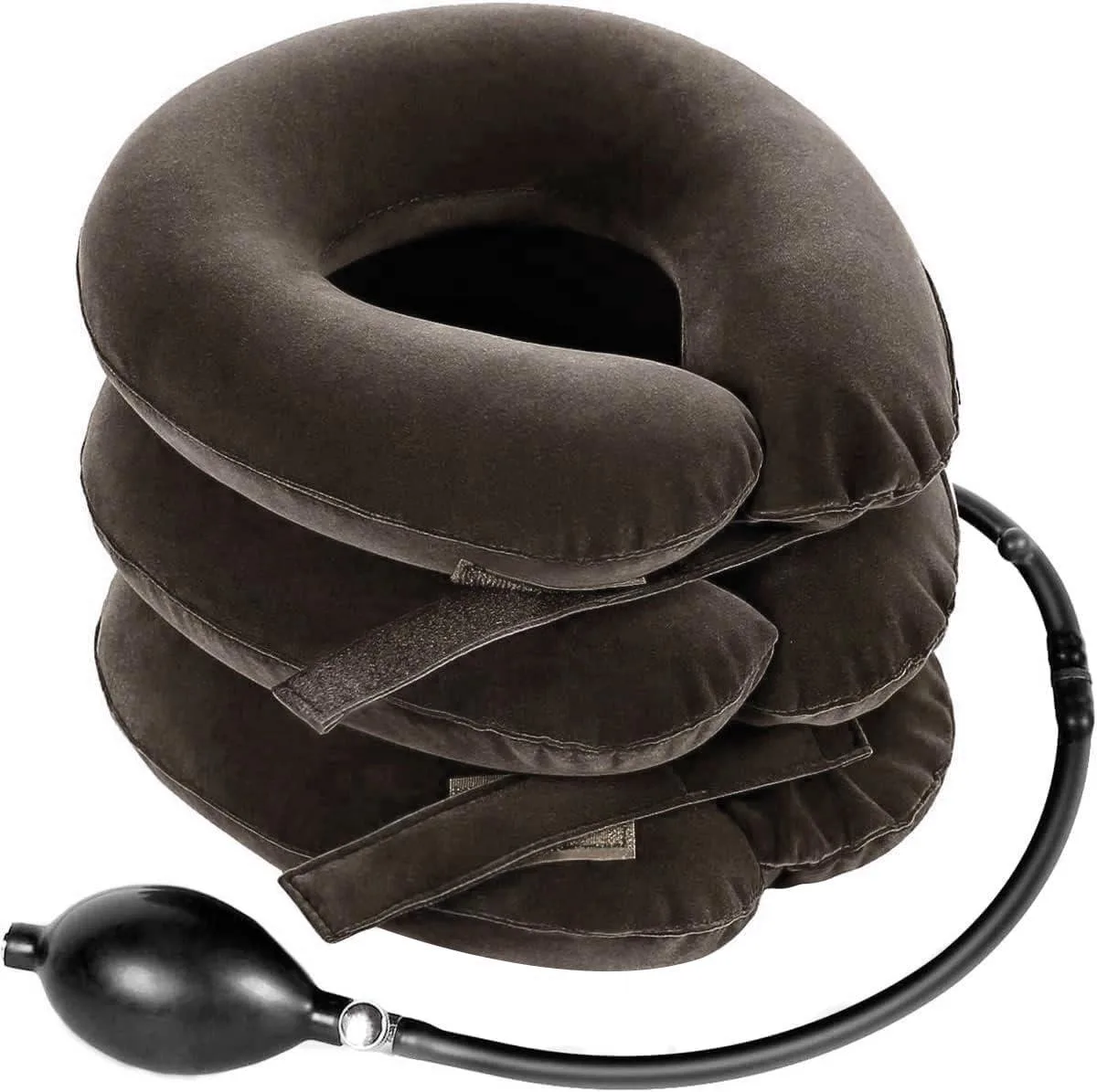 Inflatable cervical neck traction collar in black flocking fabric with Velcro straps