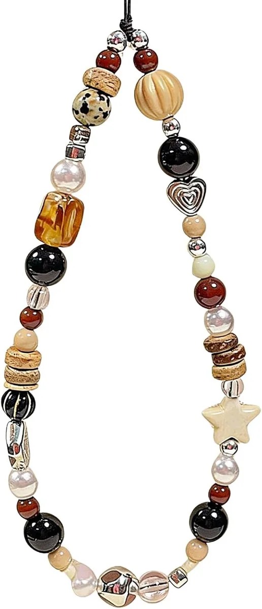 A beaded wrist strap with pearls and crystals, looped for a camera or phone
