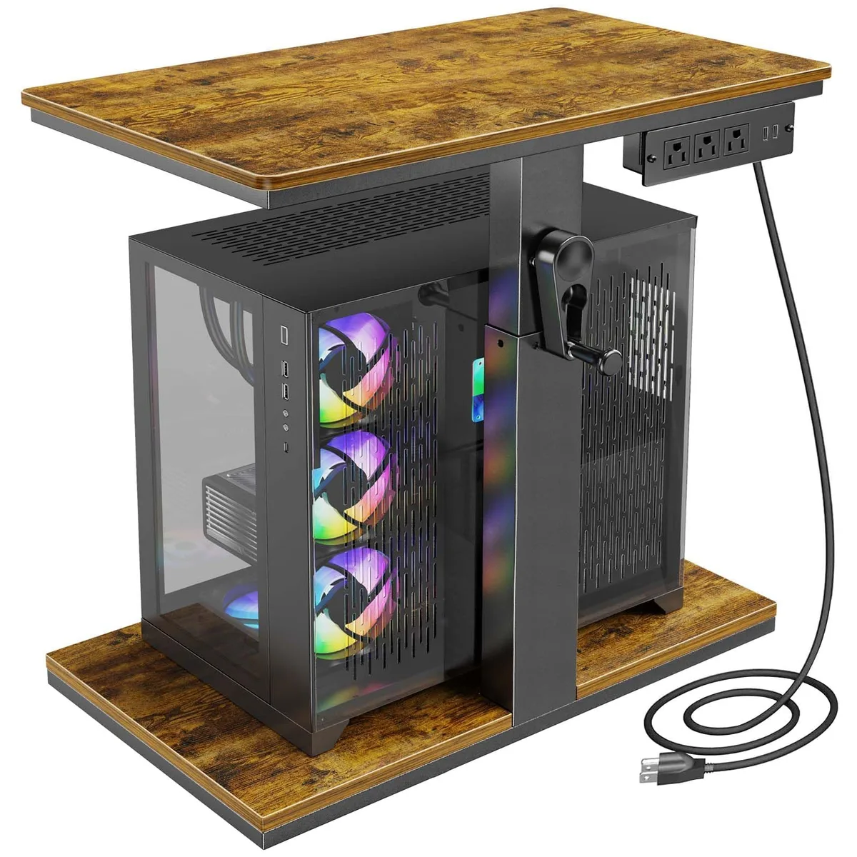 Brown two-tier computer tower stand with hand crank, wheels and charging station, 24 by 14 inches, height 23 to 34 inches