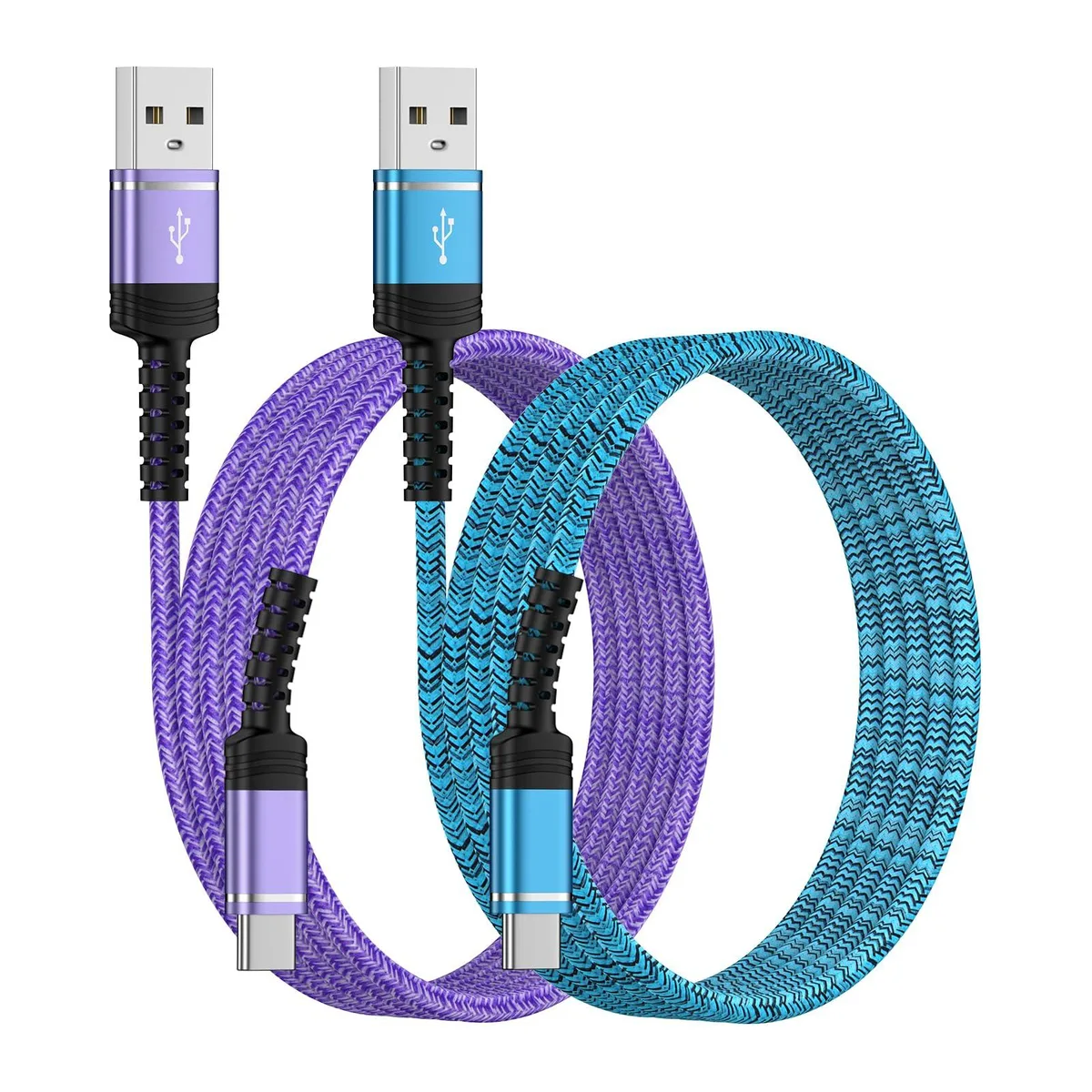 Two six-foot USB-C to USB-A cables in blue and purple braided nylon