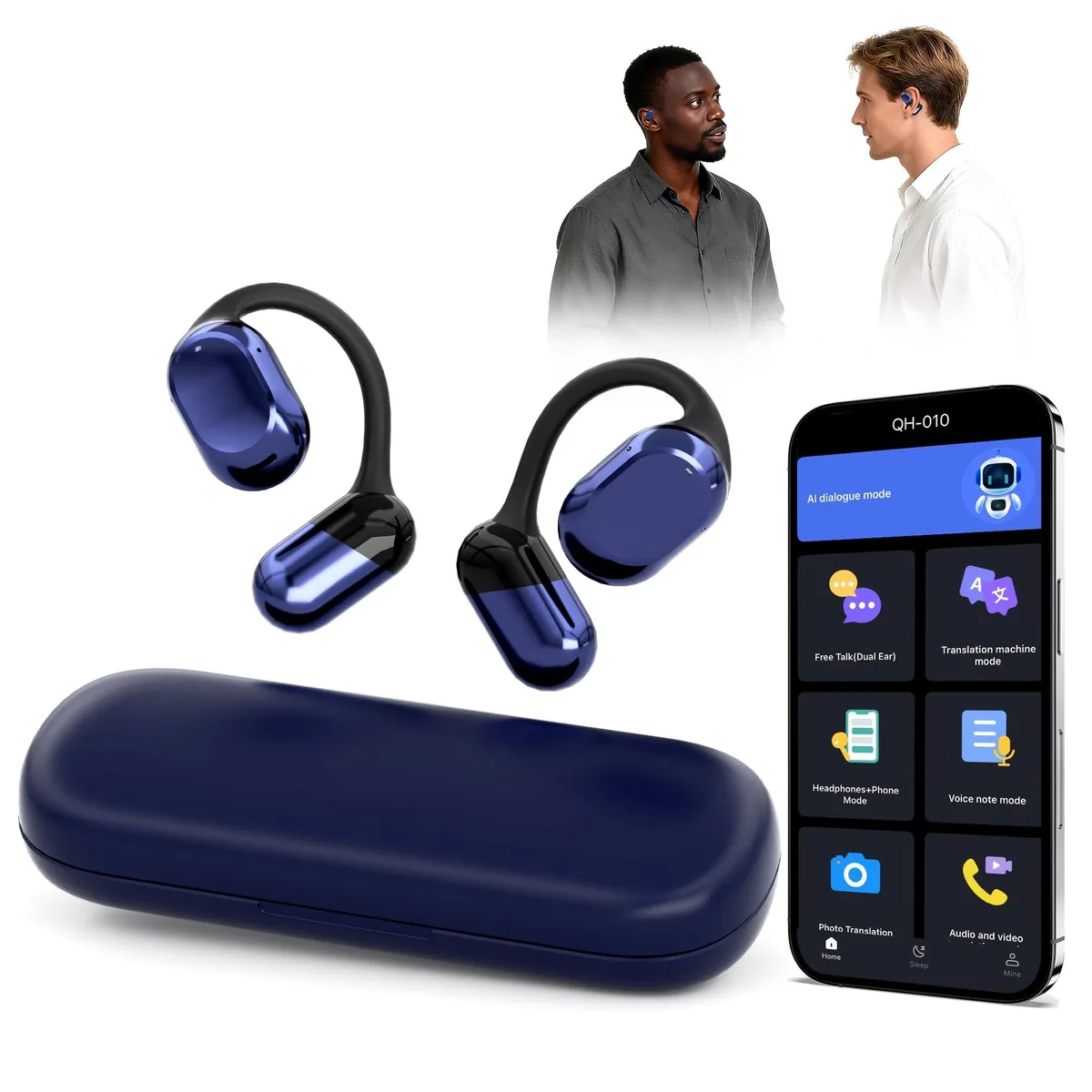 Pair of wireless earbuds in charging case, Bluetooth 5.3, 164 languages