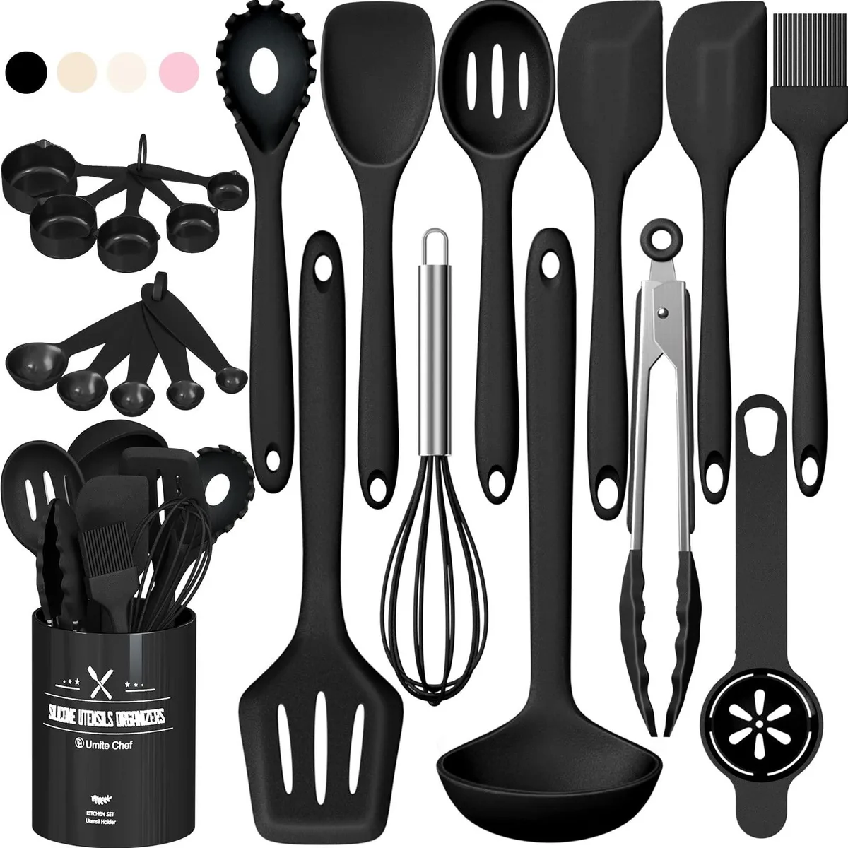 22-piece black silicone cooking utensil set with stainless steel cores and holder