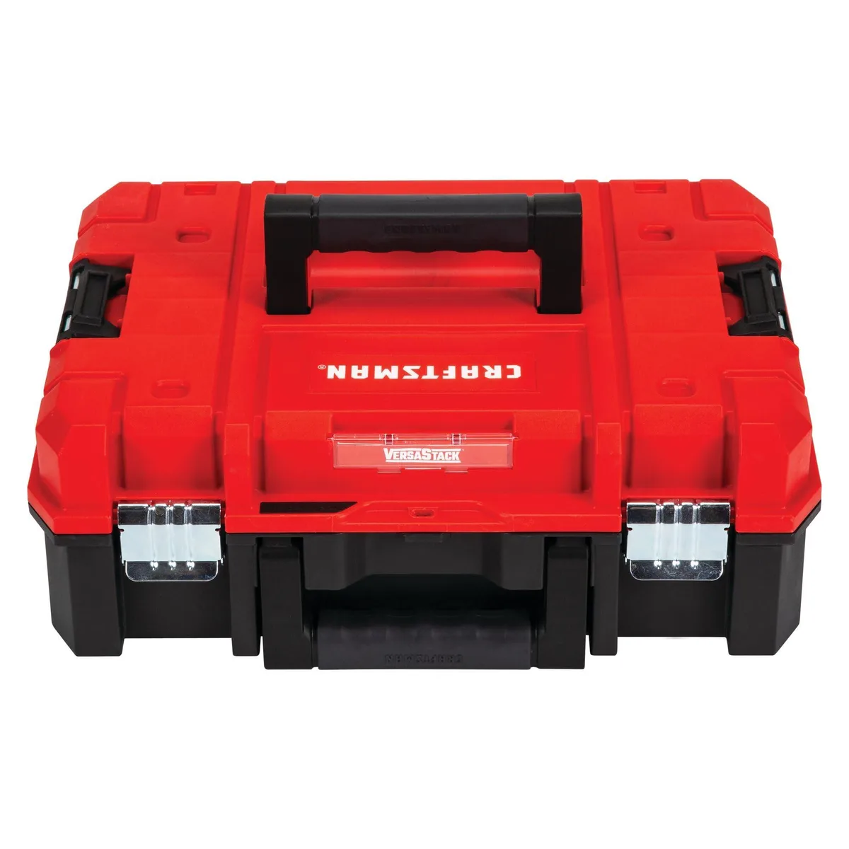 Red plastic tool box with bi-material handle and side latches, 17.3 by 13 by 6.5 inches