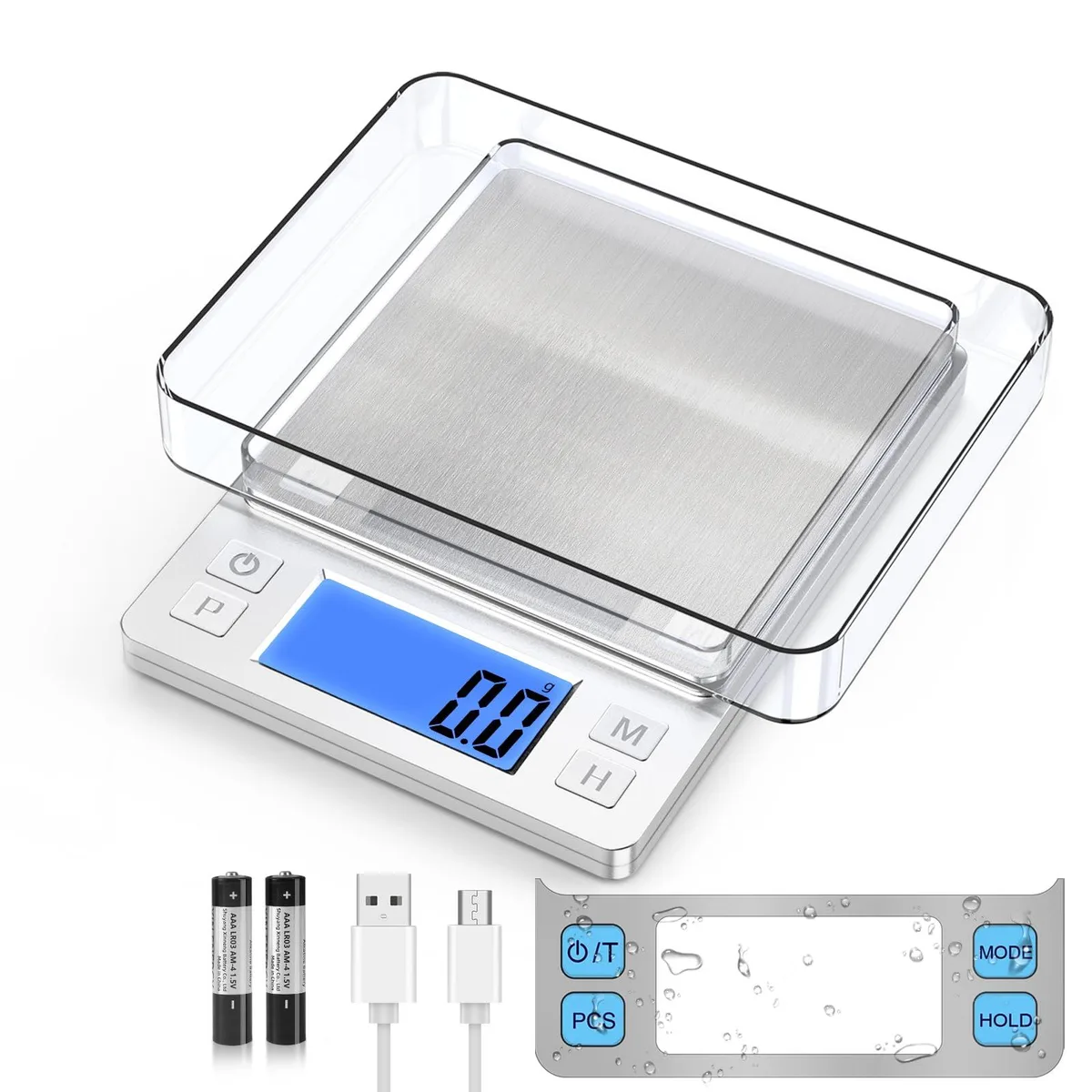 Silver digital scale with stainless steel pan, transparent trays, USB cable, batteries, larger backlit display