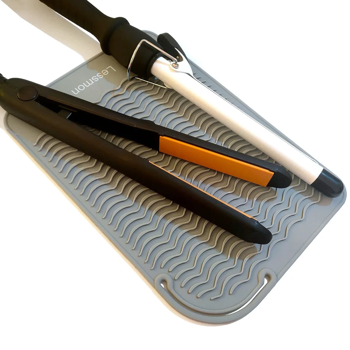 Grey silicone heat-resistant mat 11 by 7.5 inches with wave texture and integrated loop