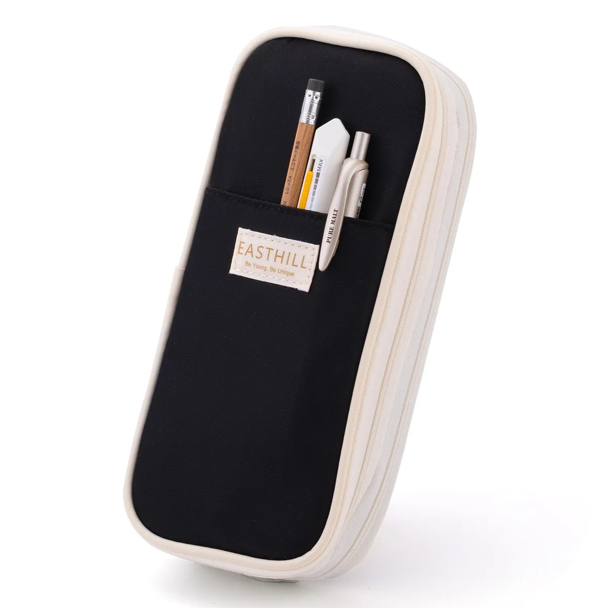 Black 13-inch polyester pencil bag with zip closure, folds flat and expands for high capacity