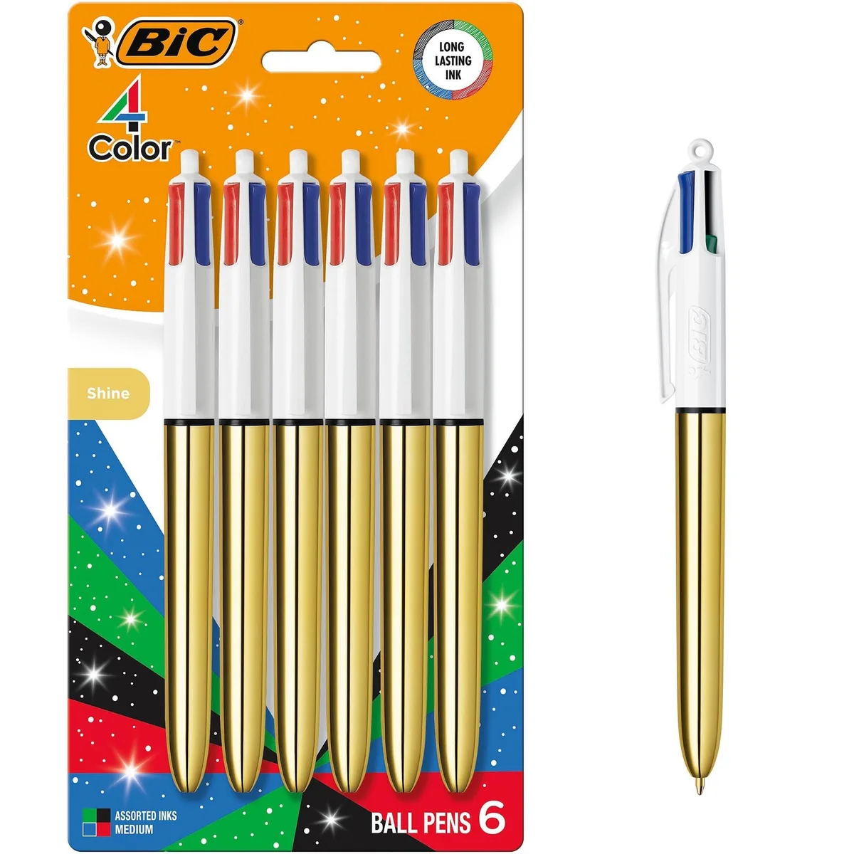 Six retractable ballpoint pens with metallic gold barrels, 1.0 mm medium point