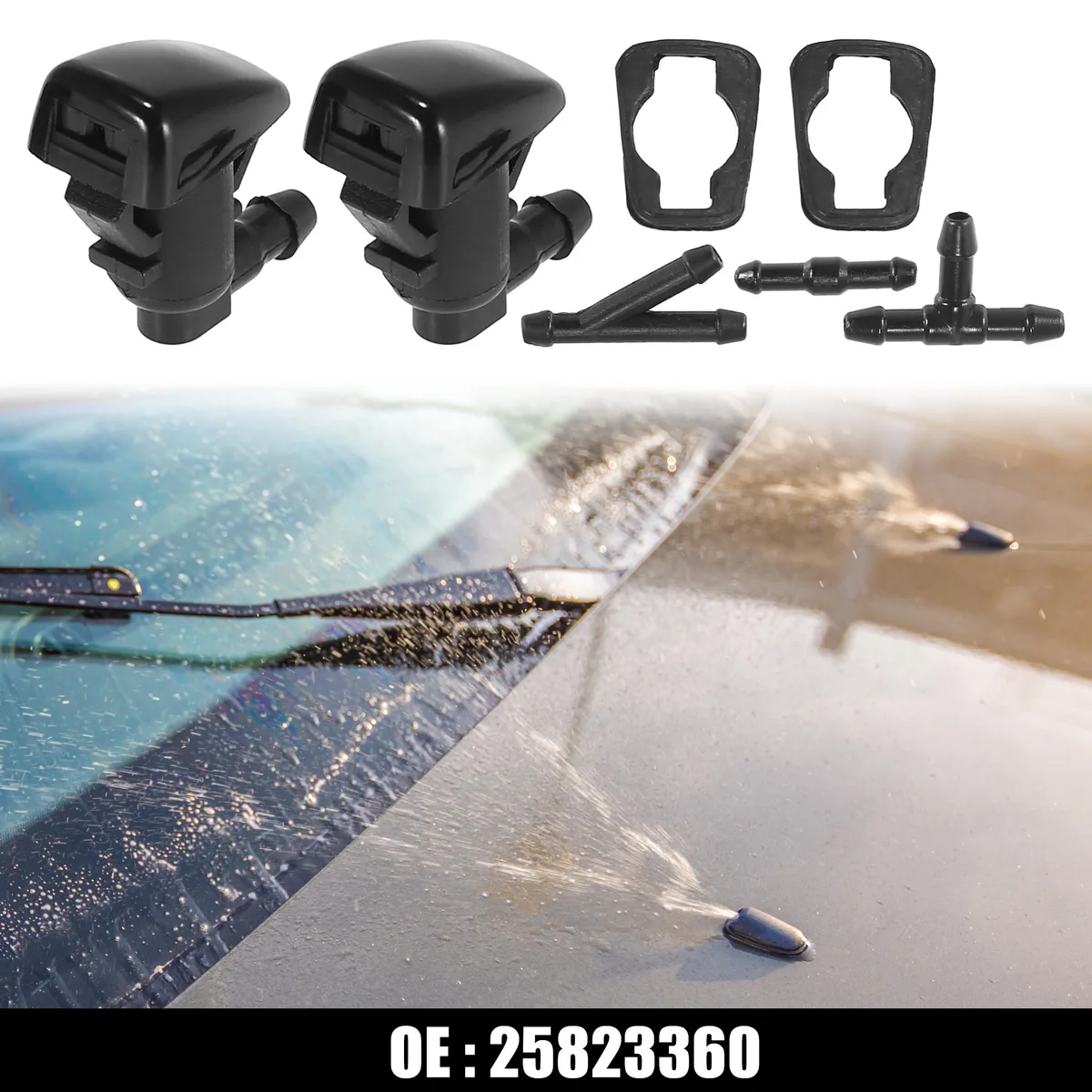Seven black plastic windshield washer nozzles and hose connectors in a pack
