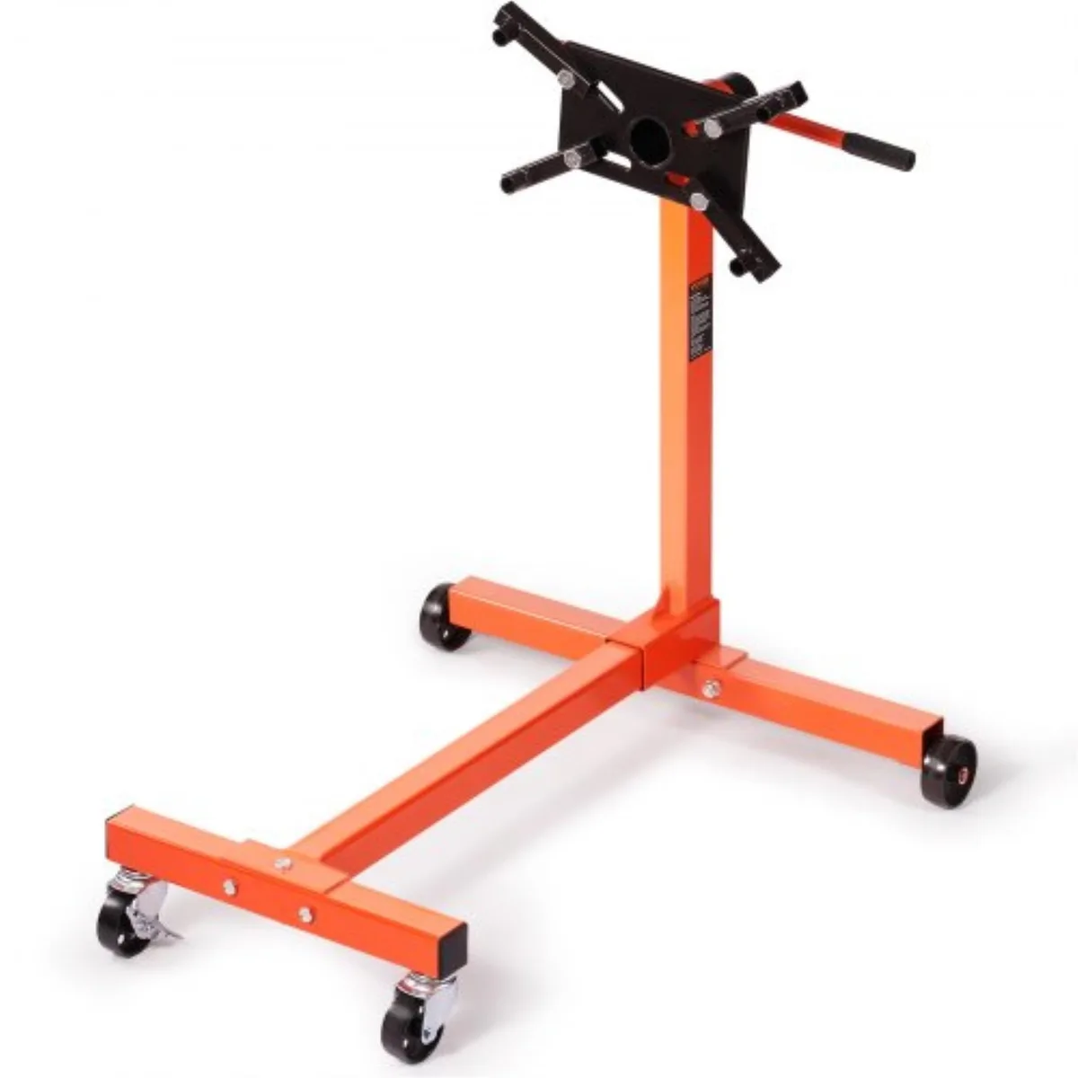 Red steel engine stand on four casters with adjustable mounting arms and rotating head