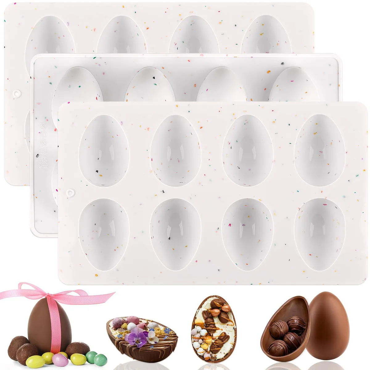 Three flexible silicone egg molds in confetti colour, each with eight cavities