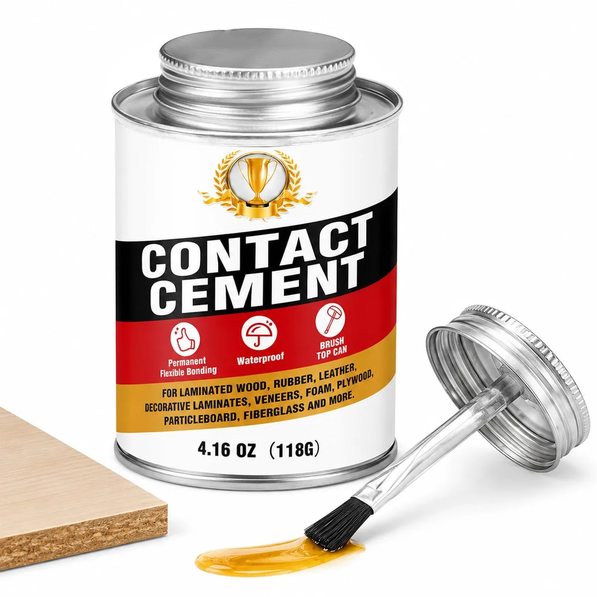 Small clear liquid adhesive tin with built-in brush cap