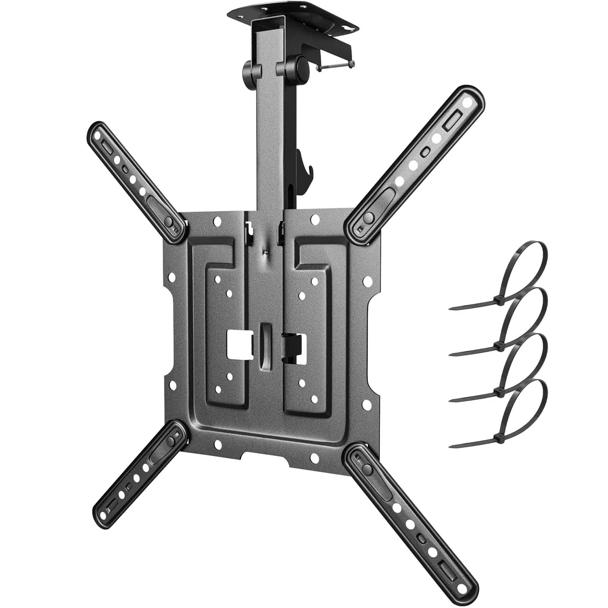 Black ceiling TV mount, foldable arm extends 41.5 inches wide, aluminium and steel construction