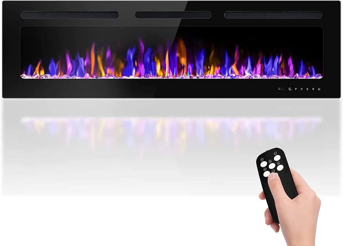 Black 60-inch ultra-thin electric fireplace with tempered glass front, touch screen and remote control, log and crystal media