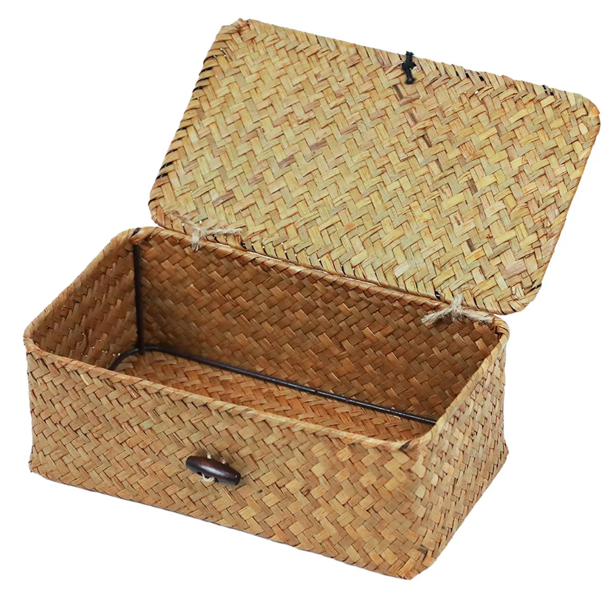 Round red seagrass basket with fitted lid, hand-woven texture visible