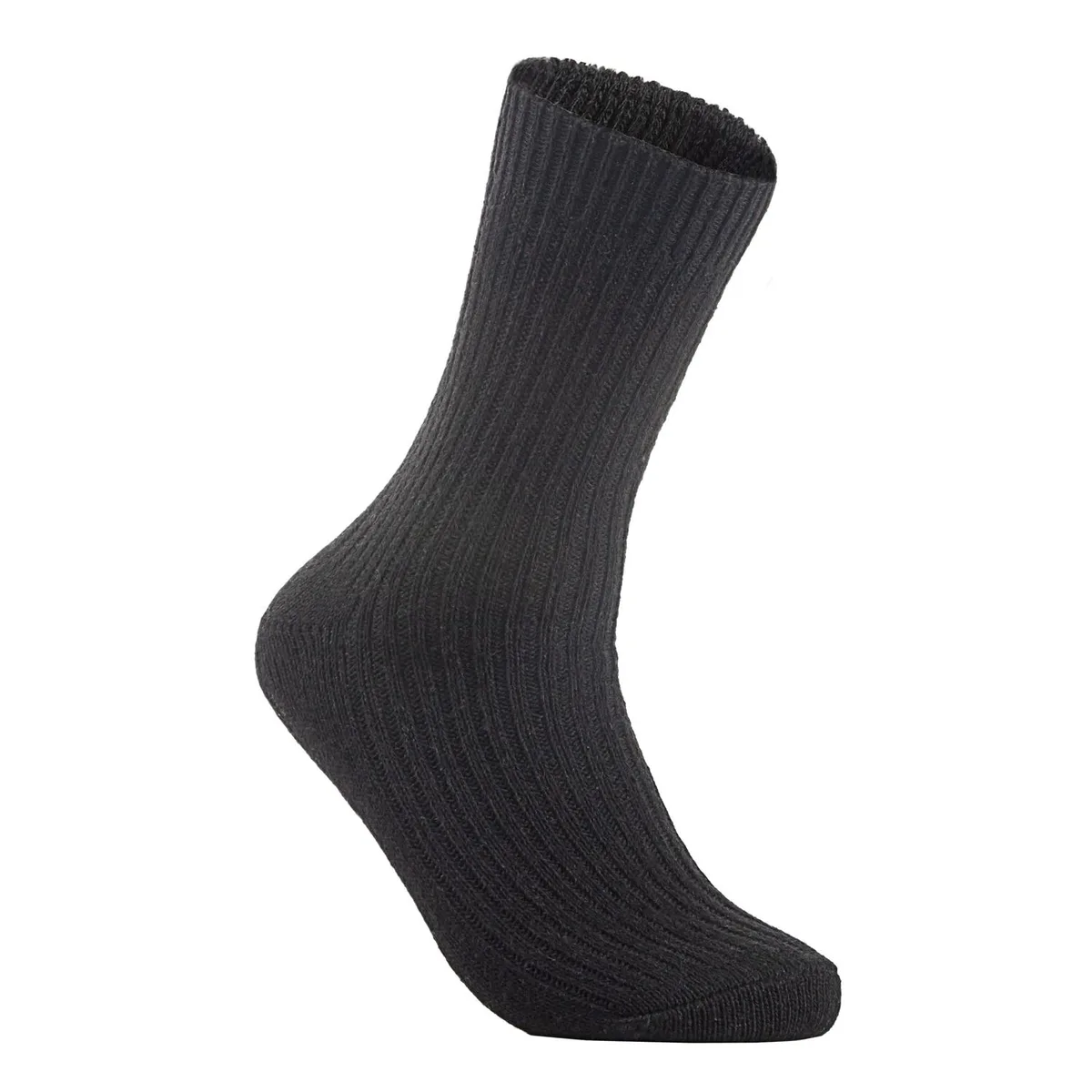 A single pair of black wool crew socks shown flat, ribbed cuff visible