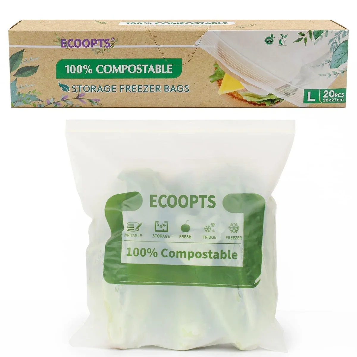 Box of 20 compostable zip bags, 10.7 by 11 inches, plant-based material
