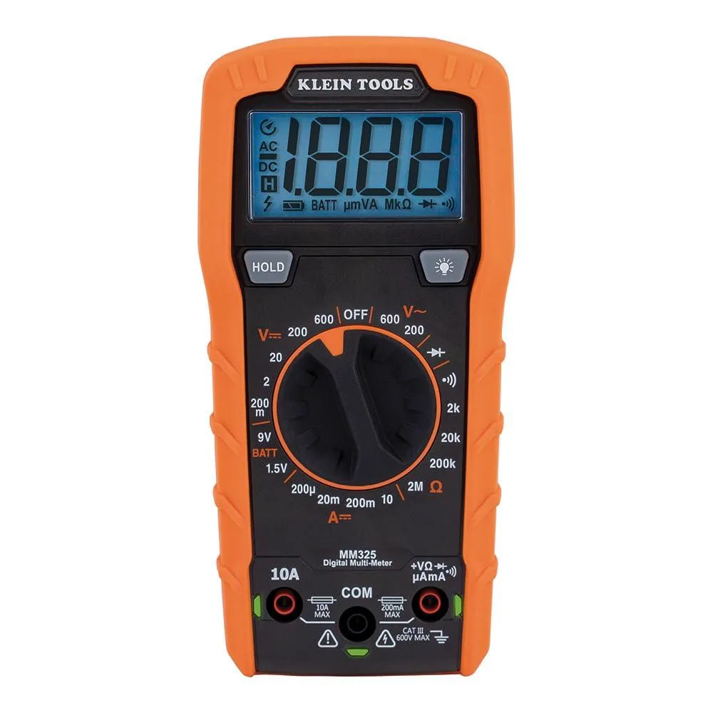 Yellow digital multimeter with backlit LCD display, test leads, and kickstand