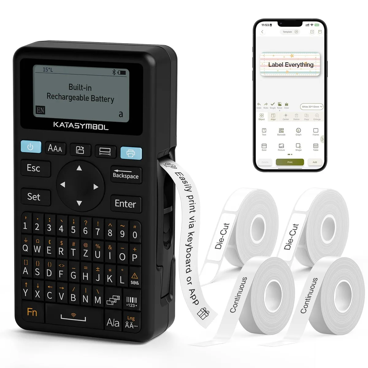 Black rectangular label maker with built-in keyboard and four tape rolls visible in packaging
