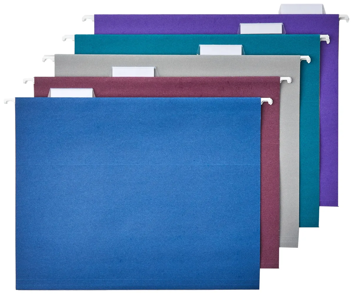 Pack of 25 hanging file folders in jewel-tone colours with clear adjustable tabs