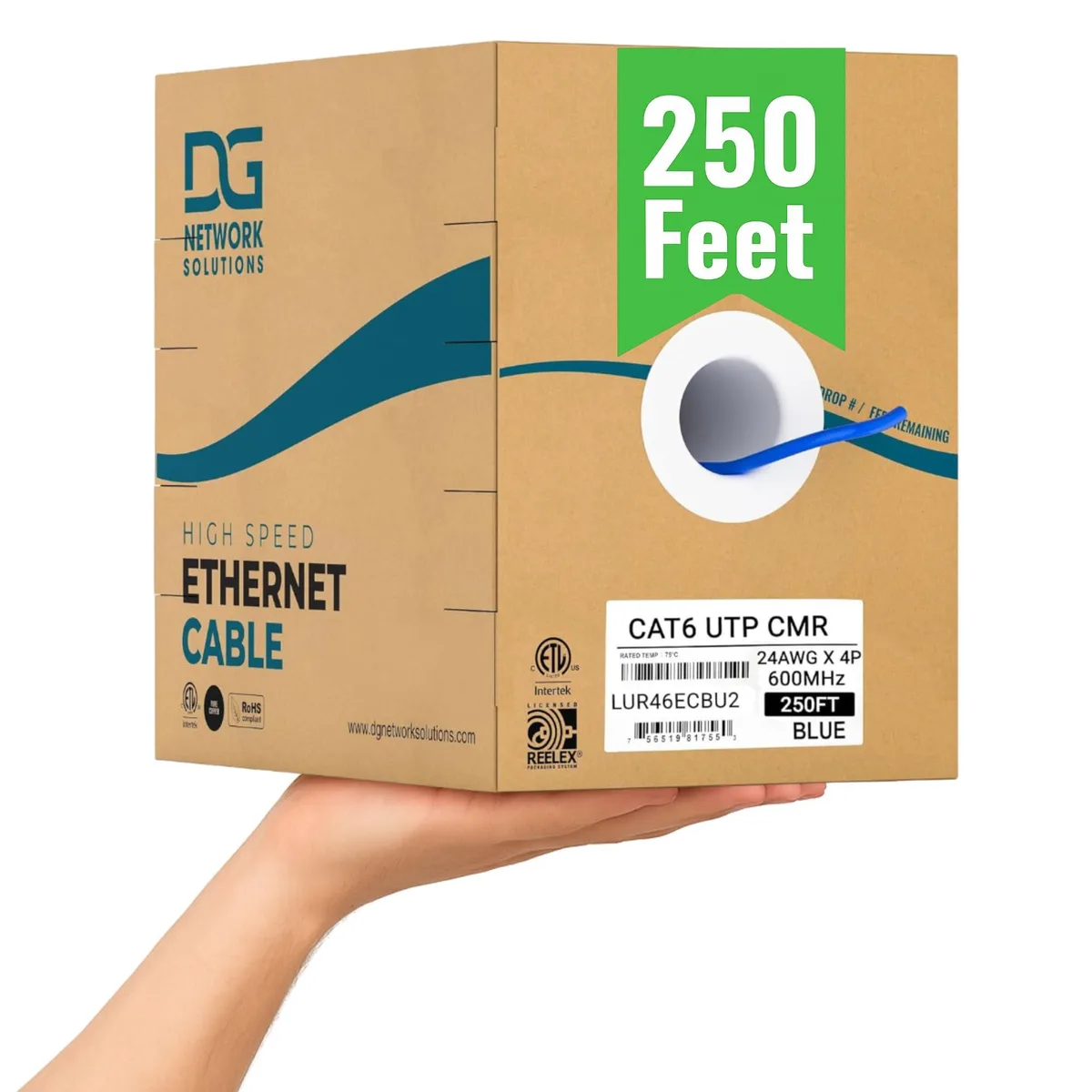 Blue Cat6 riser cable in a pull box, 250ft solid copper with spline