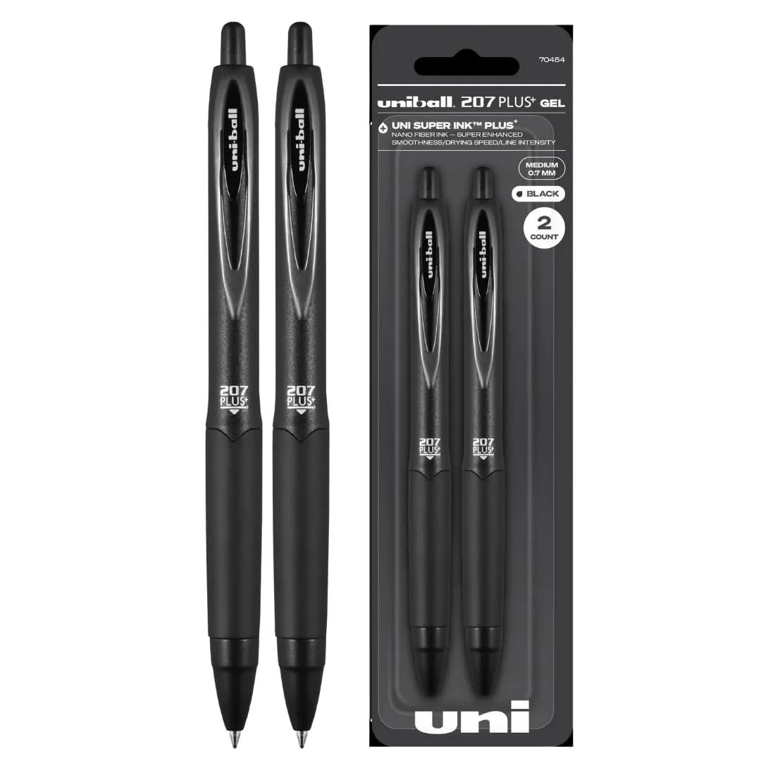 Two black retractable gel pens with medium 0.7mm tips in plastic barrels
