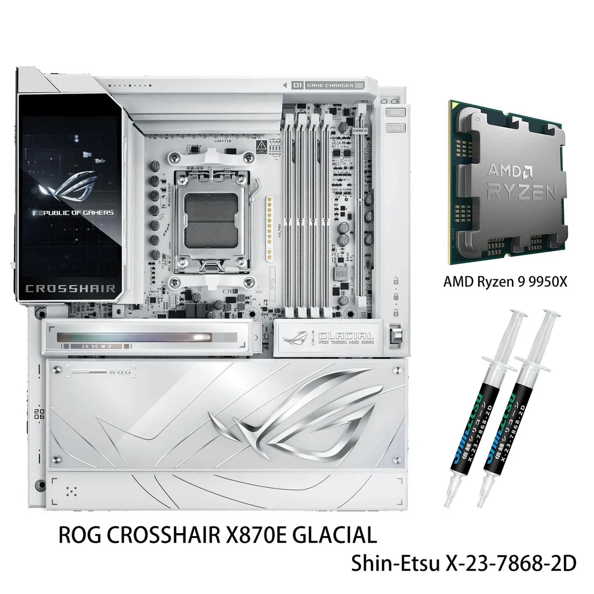 ASUS ASUS ROG Crosshair X870E Glacial &amp; Ryzen 9 9950X AMD motherboard &amp; CPU combo — product photo