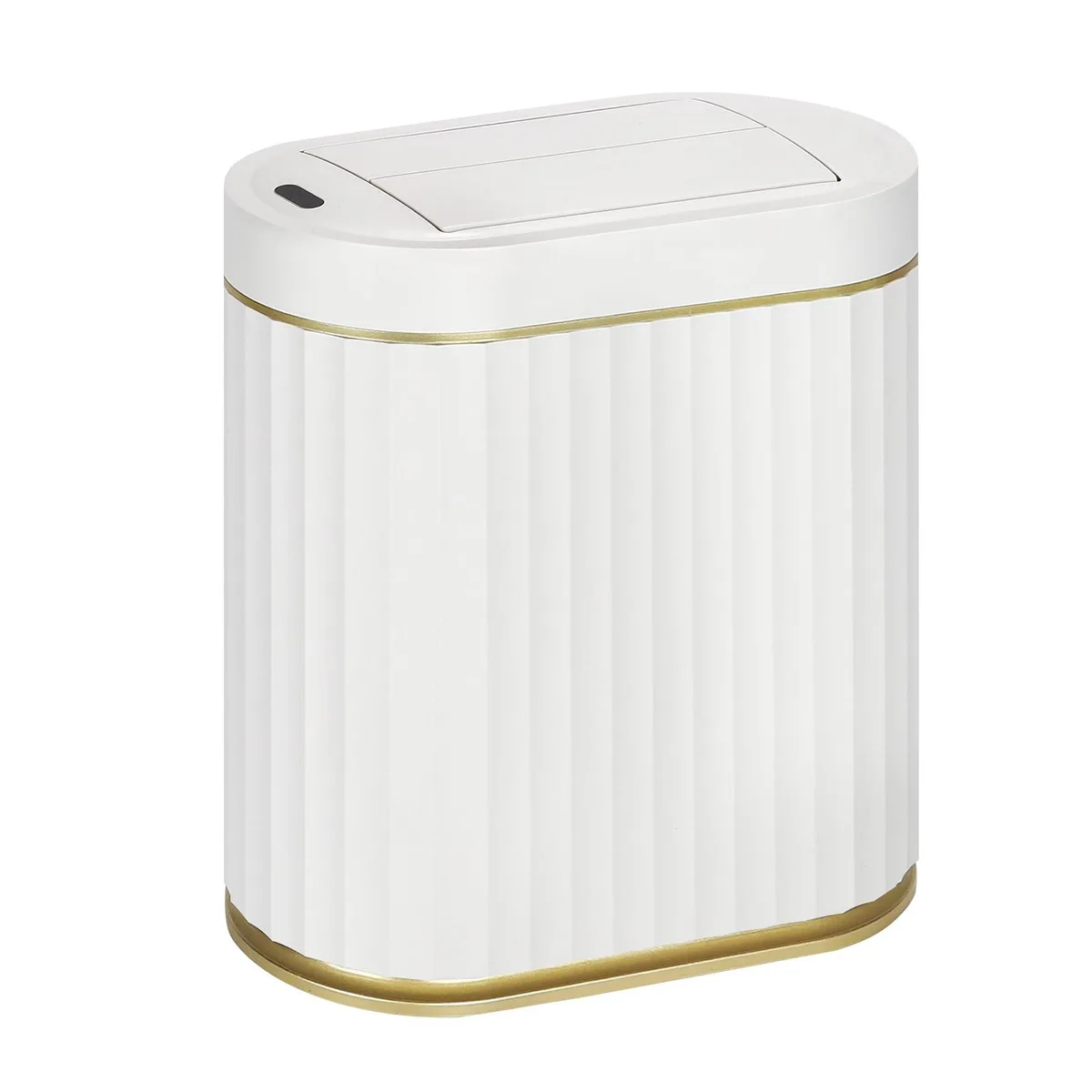 White-gold sensor bin with dual sliding lid, compact rectangular shape, IPX5 rated