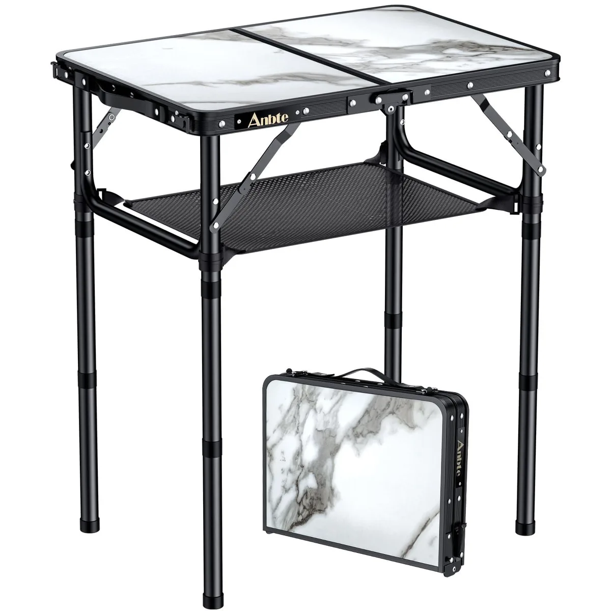 Black folding camping table with aluminum frame, mesh storage net, carry handle, folded briefcase size