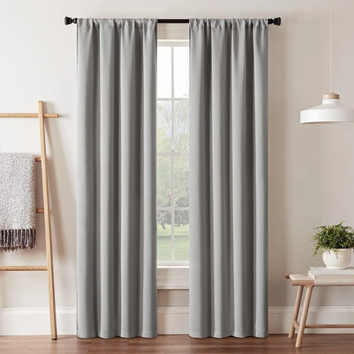 Single grey polyester blackout curtain panel 37x84 inches rod pocket top