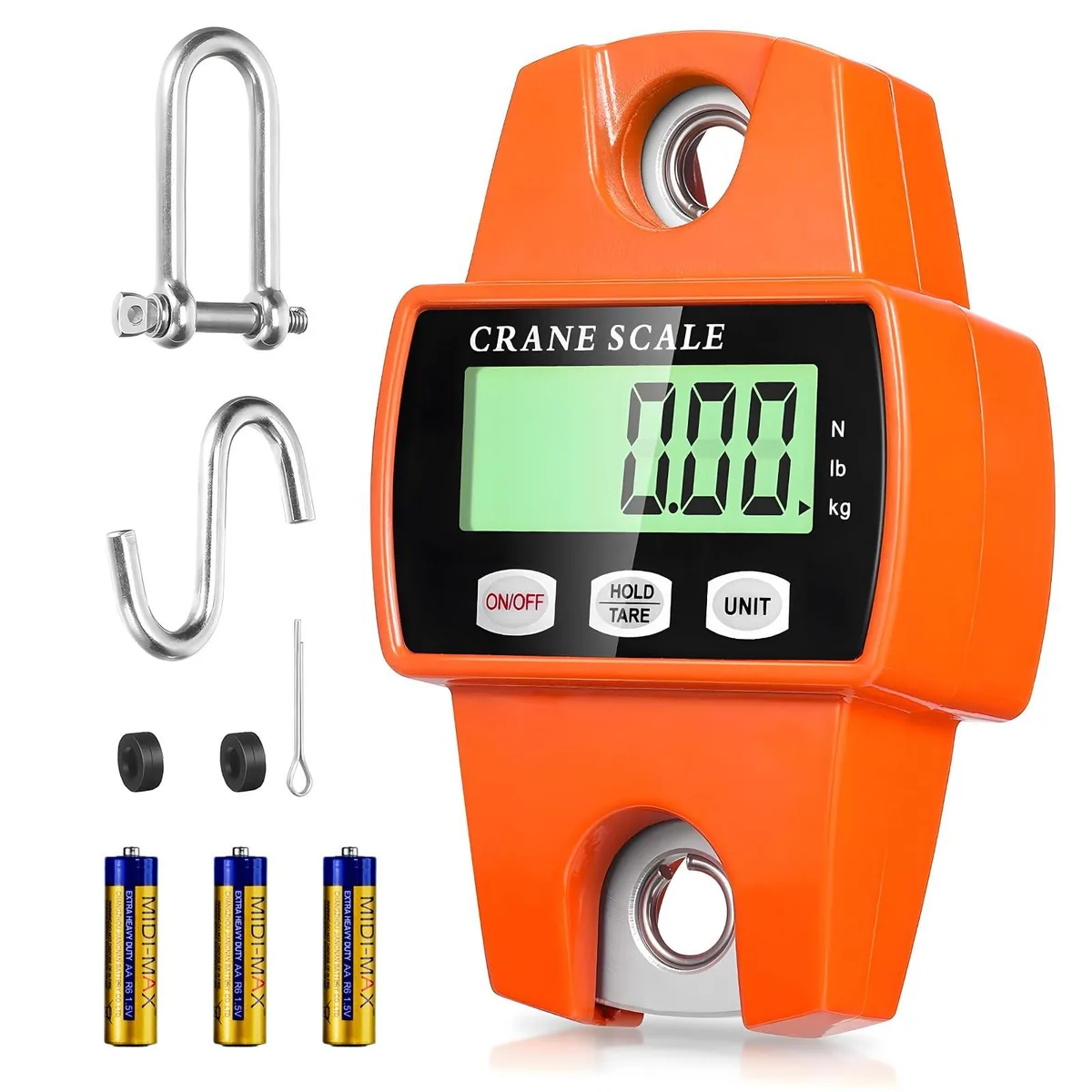 Twelve orange handheld digital hanging scales with LCD displays and hooks