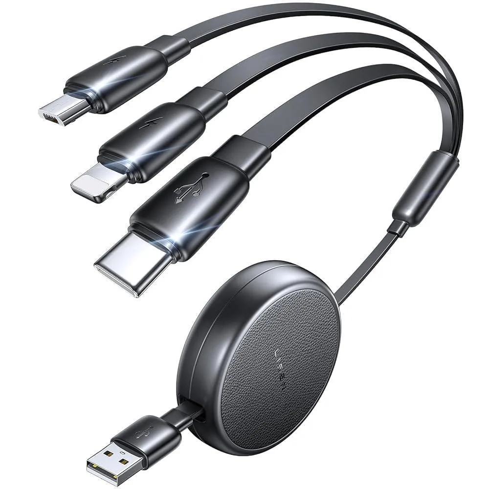 Miimall Miimall 3-in-1 Retractable Car Charger Cable USB-C Lightning Micro-USB 1.5-3.67ft 480Mbps — product photo