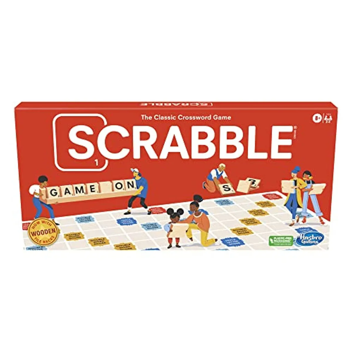 Classic Scrabble board game with wooden tiles and racks