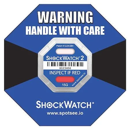 Square white impact indicator labels on a roll, fifty per pack