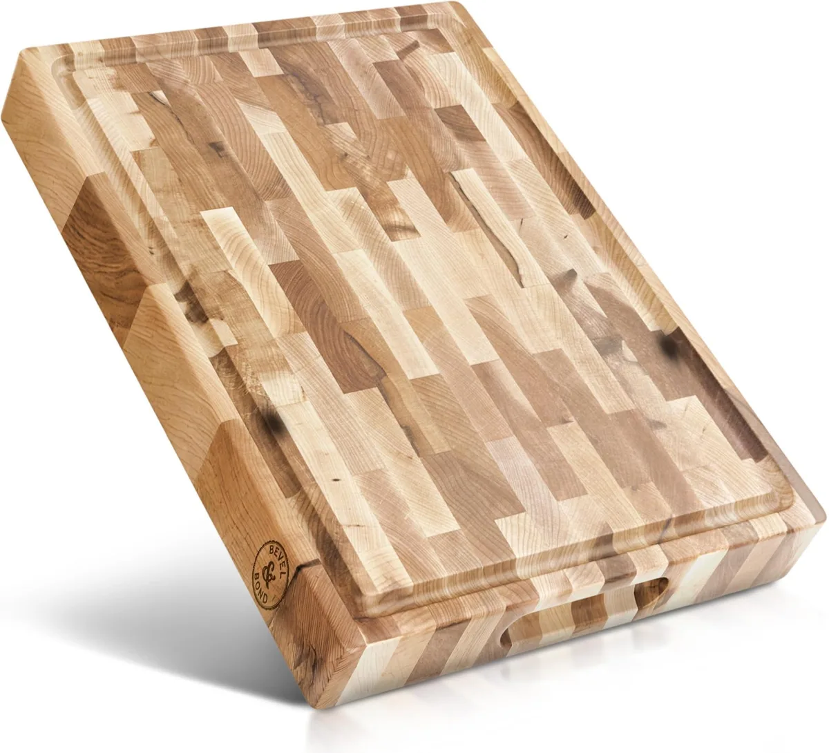 Rectangular maple end-grain cutting board with juice groove and rubber feet