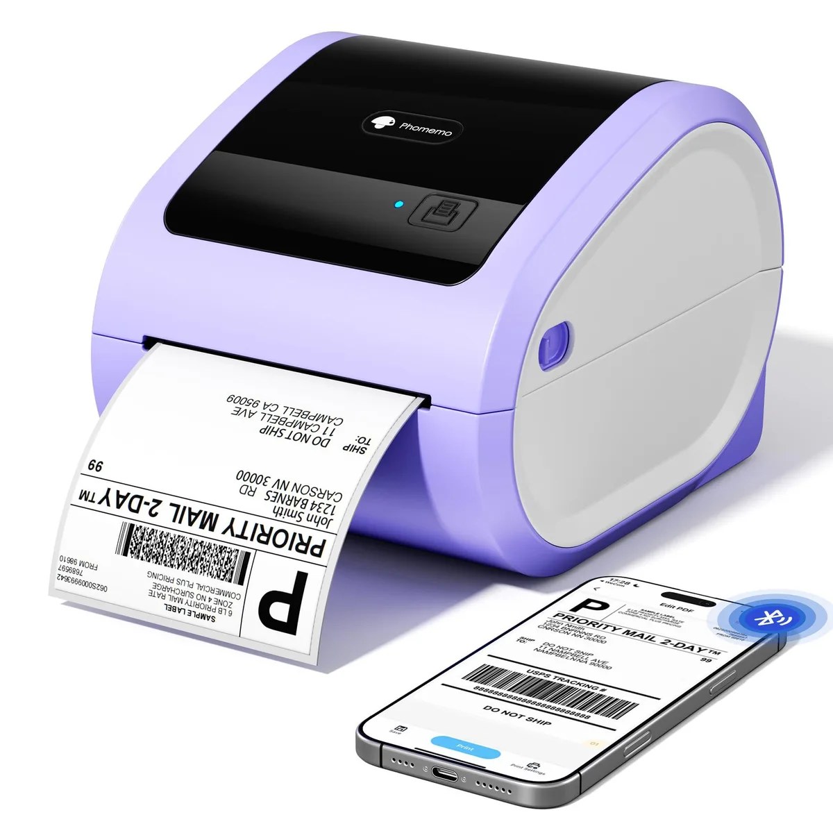 Compact white thermal label printer with built-in paper bin