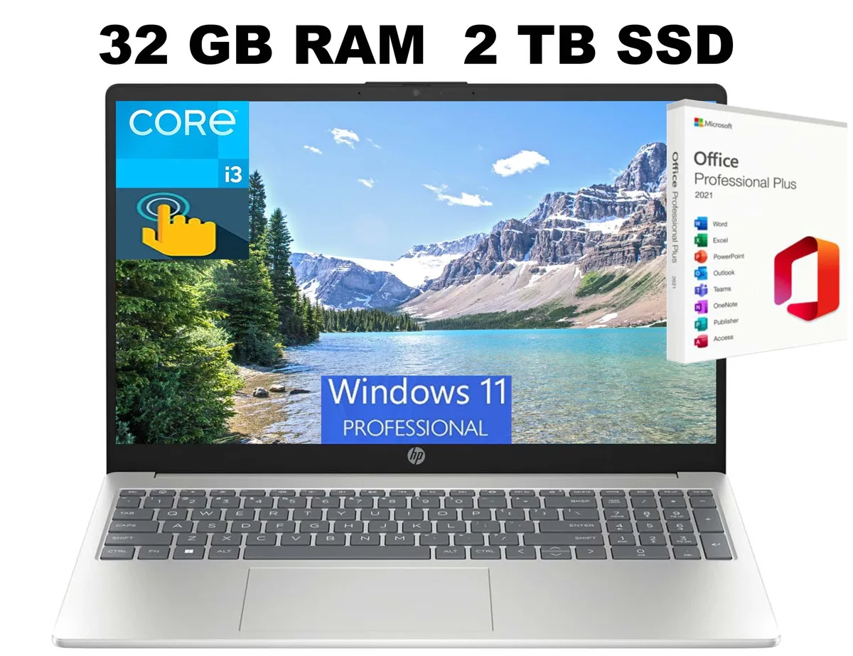 HP HP 15 laptop, i3-1315U, 32GB RAM, 2TB SSD, 15.6" HD touchscreen, Windows 11 Pro — product photo