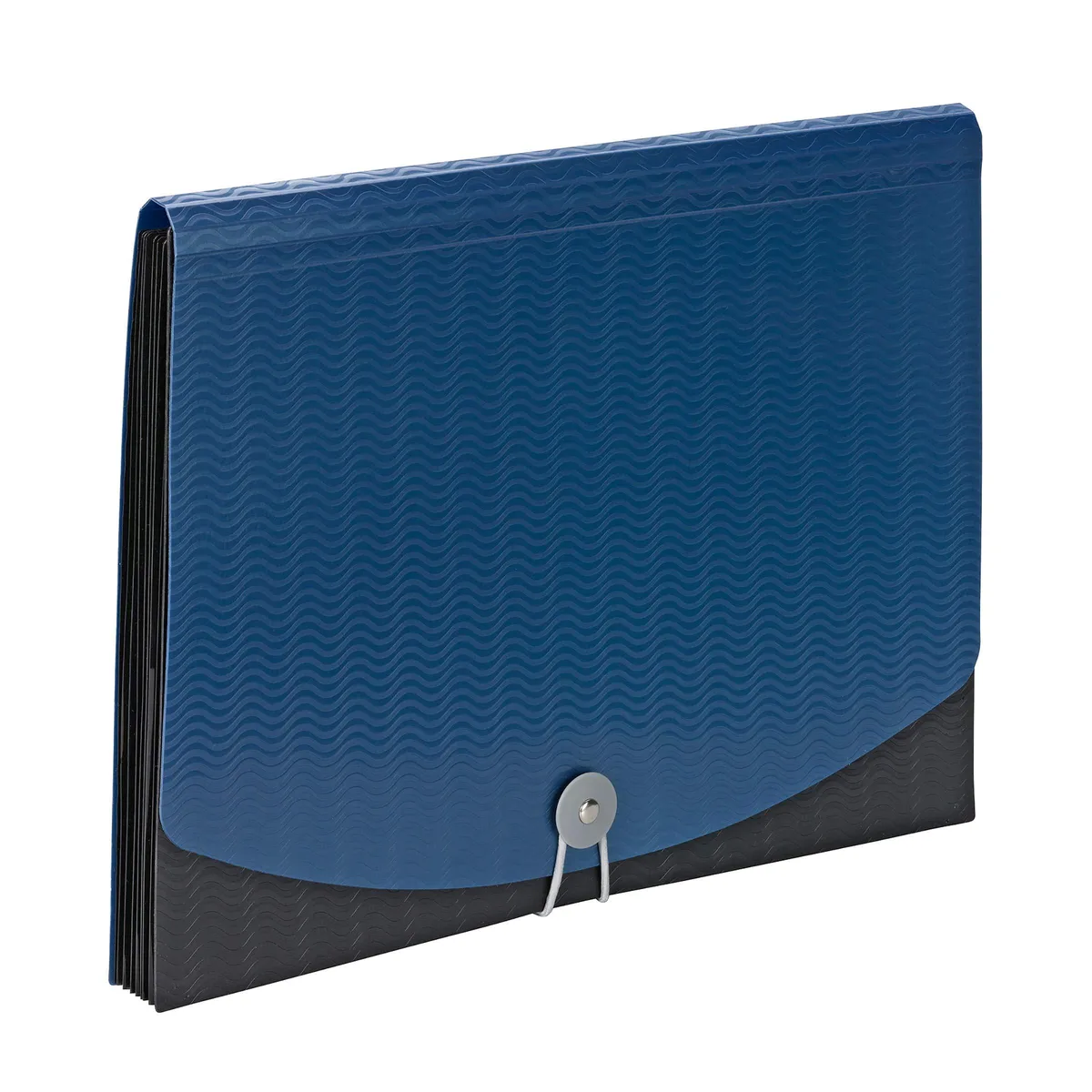 Blue and black polypropylene expanding file folder with seven pockets and flap-and-cord closure