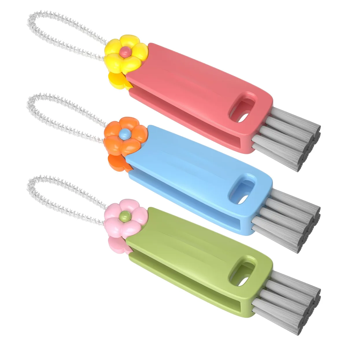 Three multicoloured cleaning brushes with hook remover, slit brush and stiff corner bristles