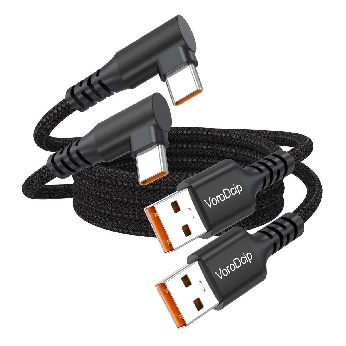 Two black right-angle USB-A to USB-C cables, braided nylon, three feet each