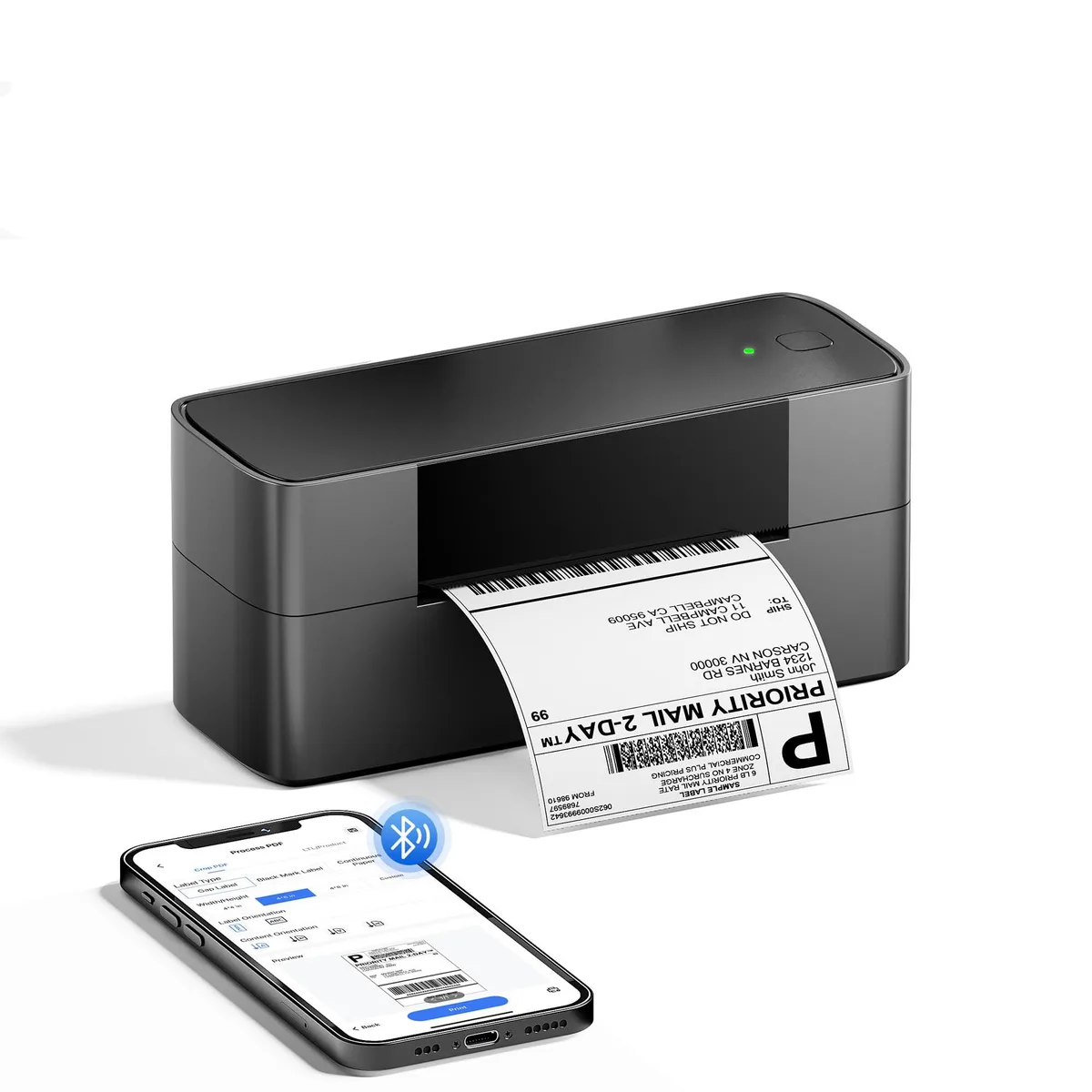 Compact white thermal label printer with Bluetooth, 21.3 cm wide