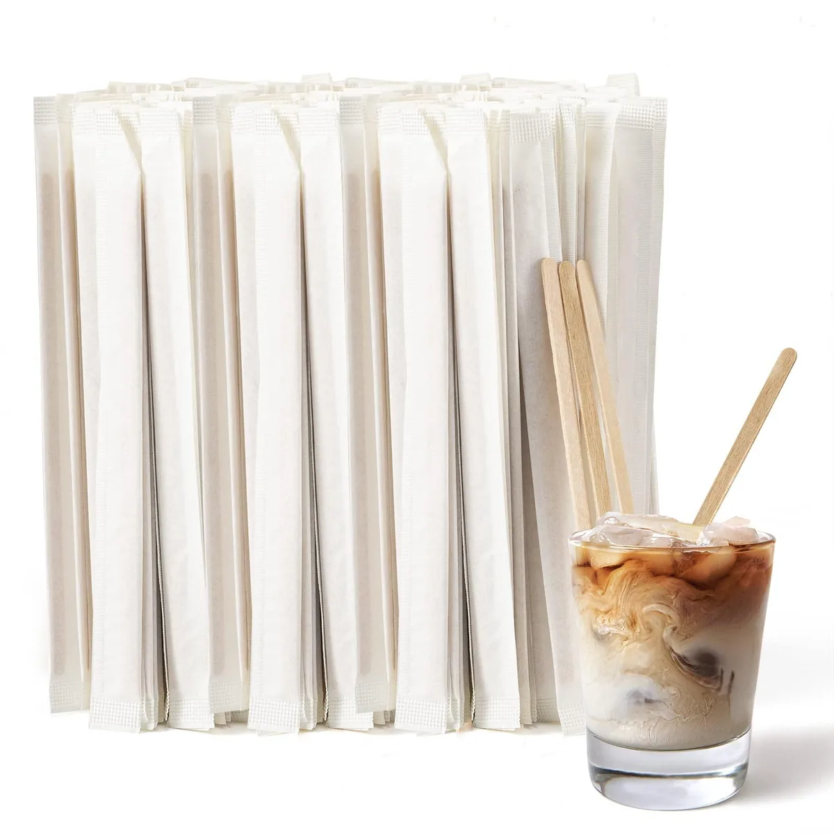 Box of 1000 individually wrapped birch wood stir sticks, 5.5 inches long