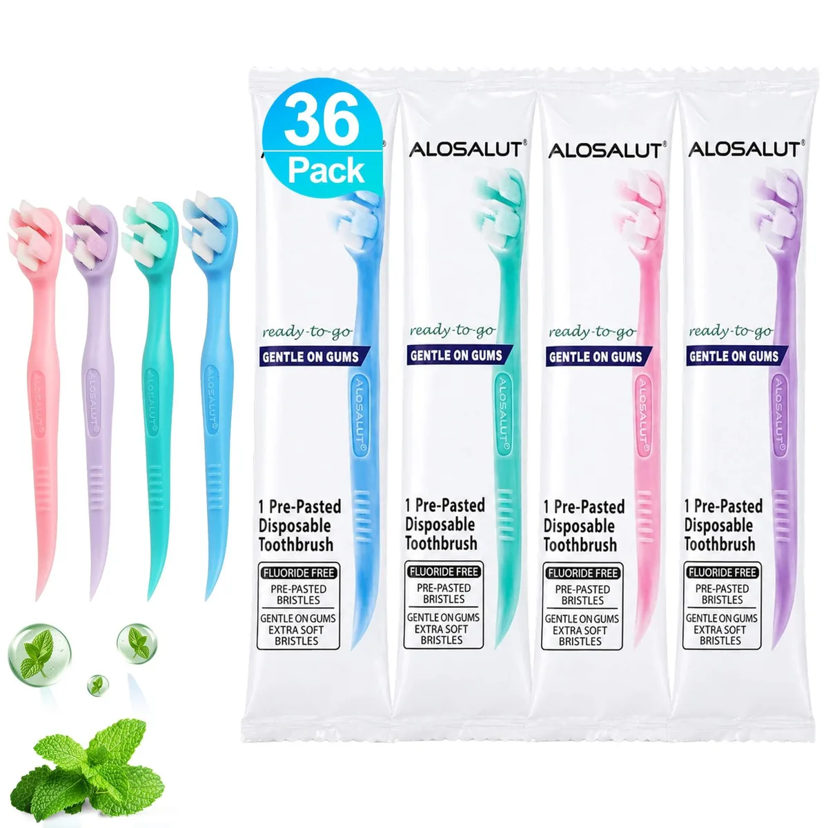 Box of 36 mint disposable toothbrushes with floss picks and tongue cleaners
