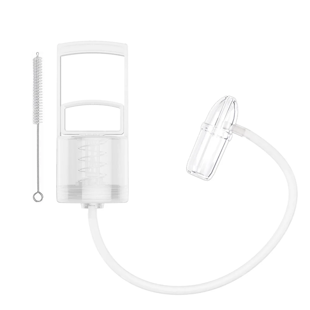 Translucent white manual nasal aspirator with hand pump and rounded tip