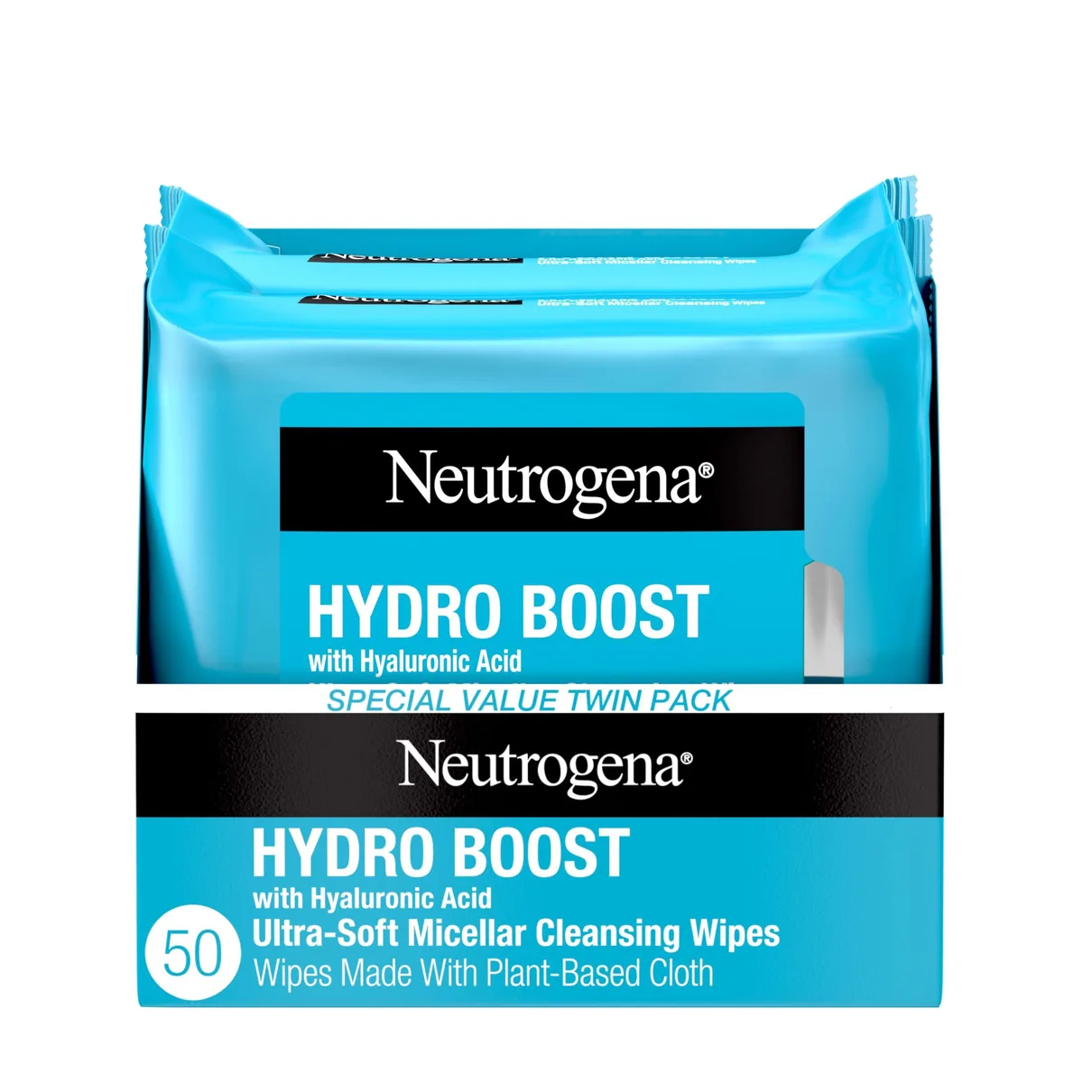 A rectangular blue-and-white pack of 25 Neutrogena Hydro Boost cleansing wipes