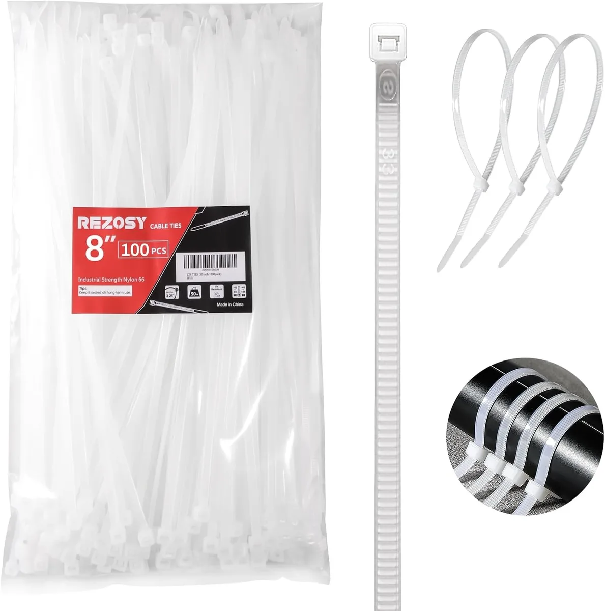 Ennovor Ennovor White Cable Ties 8 Inch 100 Pack 40 lbs UV Resistant — product photo
