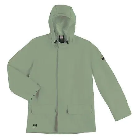 Army green PVC-coated polyester rain jacket size S with attached hood and snap front