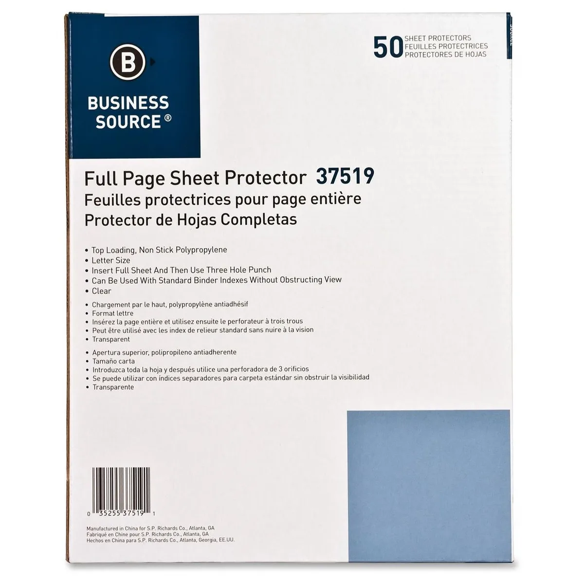Business Source Business Source 37519 Sheet Protector 50 Box 3.1 mil 8.50 x 11 — product photo